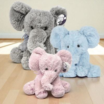 25cm Cuddly Elephant - Cute 25cm plush elephant with a ribbon and detailed paws.