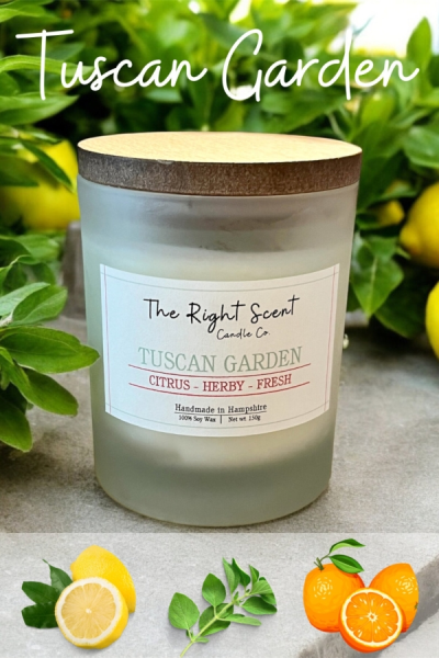 Tuscan Garden - Bring a taste of Tuscany to your home with our Tuscan Garden scented candle, lovingly handmade in Denmead. This fresh, uplifting fragrance blends vibrant citrus, fragrant herbs, and the subtle essence of ripe tomatoes — a reminder of sun-soaked gardens and lazy afternoons outdoors.

Crafted from vegan-friendly soy wax and infused with paraben and phthalate-free fragrance oils, the candle is presented in a reusable frosted glass jar with a wooden lid. A candle care card is included to help you enjoy it to the fullest.

Locally made and refreshingly vibrant, this candle is a little piece of Tuscany, created in Denmead.