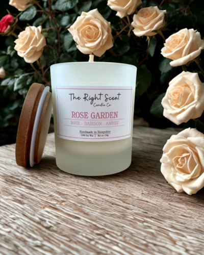Rose Garden - Let yourself be carried away to an Arabian rose garden on a warm summer evening with our Rose Garden candle, lovingly handmade in Denmead. This luxurious fragrance blends the timeless scent of roses with fruity damson and a touch of warm amber spice, creating a rich and romantic aroma.

Crafted from vegan-friendly soy wax and infused with paraben- and phthalate-free fragrance oils, it is presented in a reusable frosted glass jar with a natural wooden lid. A candle care card is included to help you enjoy it to the fullest.

Locally made and delicately romantic, this candle is a little piece of floral elegance, created in Denmead